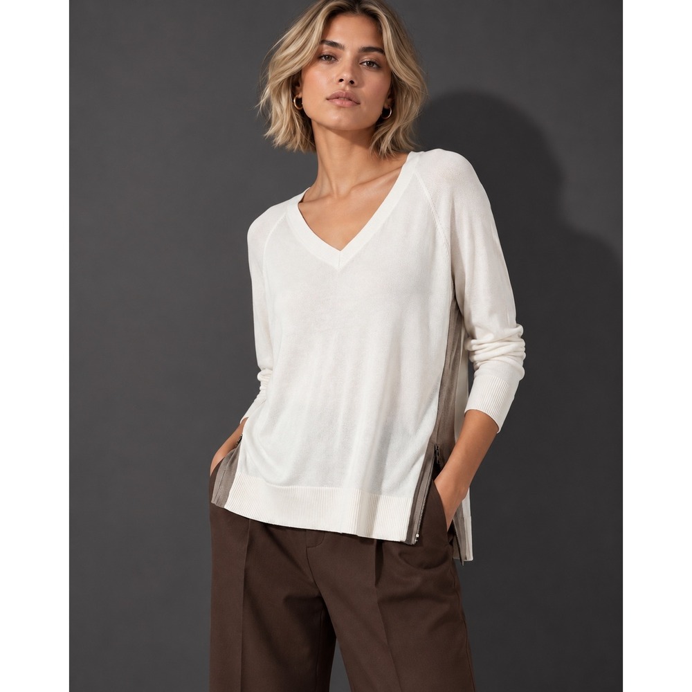 Banana Republic Womens White Taupe Colorblock V-Neck Side Zip Sweater Medium M
